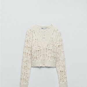 Zara White Distressed Knit Cardigan